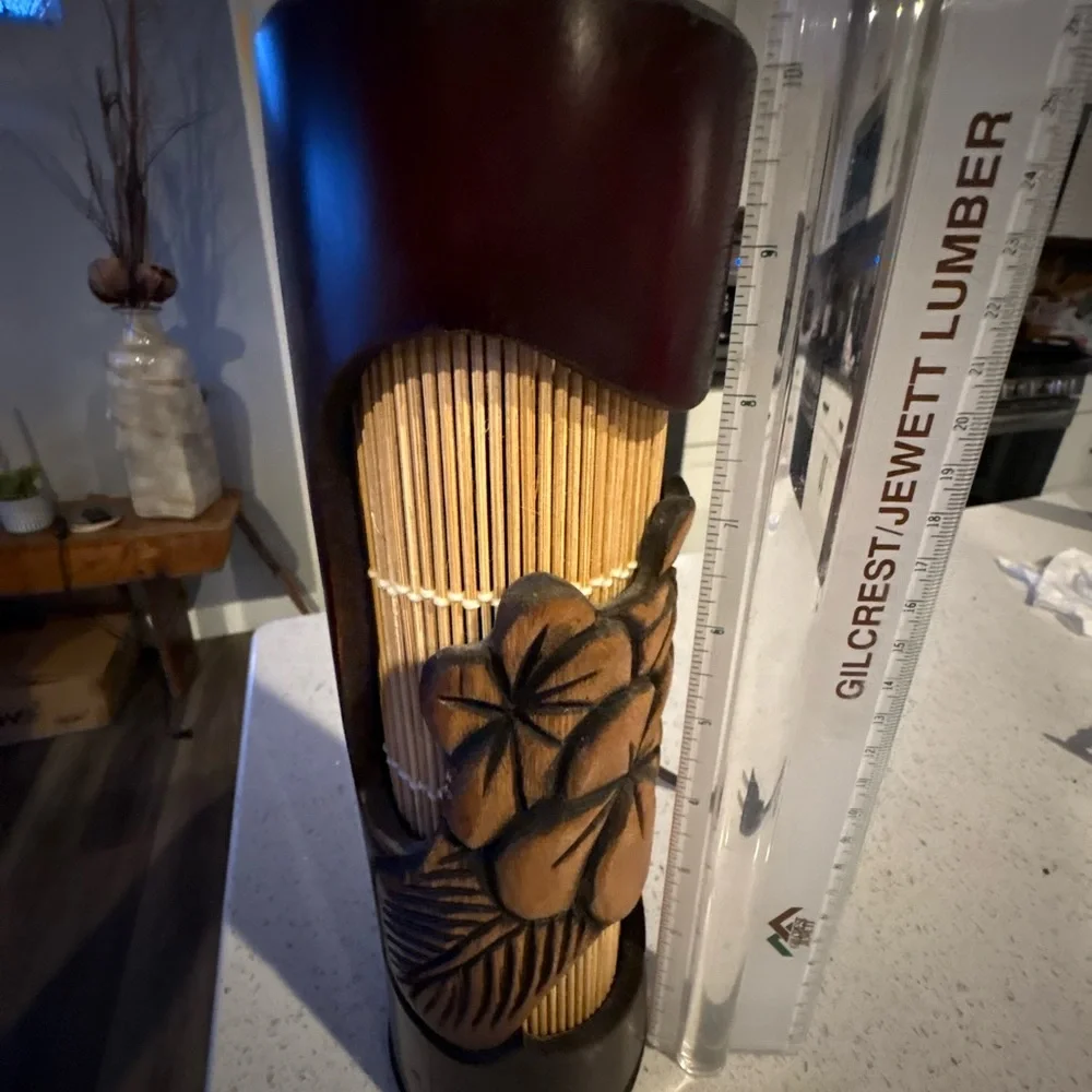 Vintage Hand-crafted Mango Wood Bamboo Hibiscus Carved Hawaiian Tiki Bar Lamp
